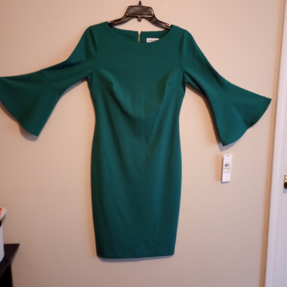 Calvin Klein Green Sheath Dress with Bell Sleeves